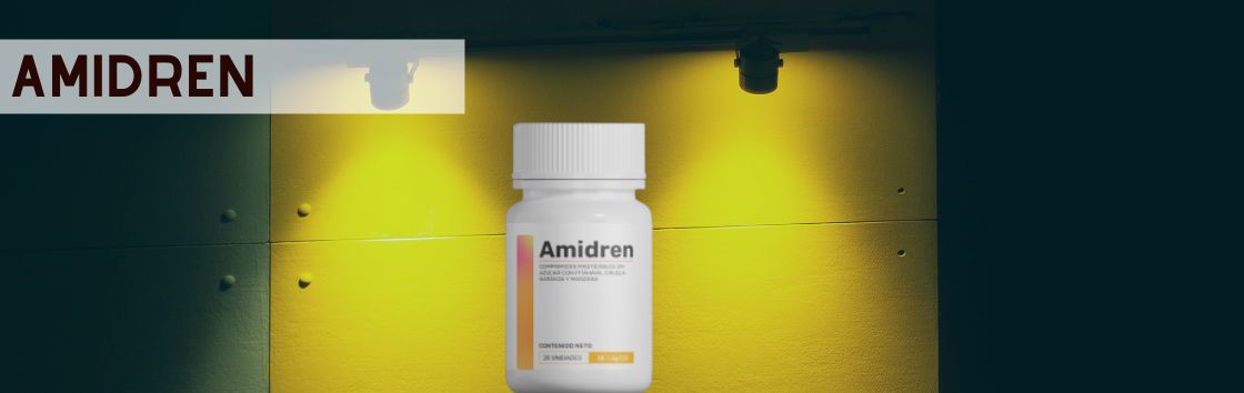 Amidren: Un paquete de comprimidos con una etiqueta que indica su eficacia para mejorar la audición, con la imagen de un oído en la etiqueta.