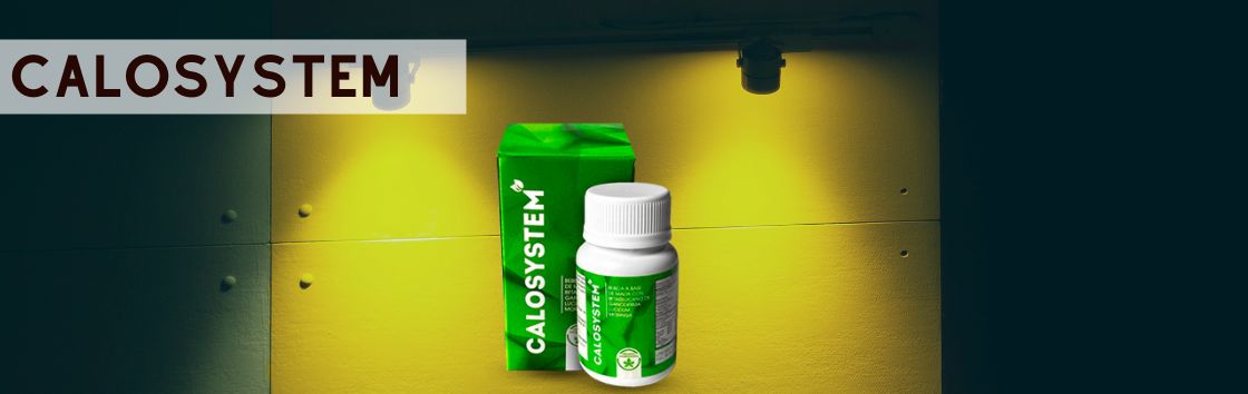 Calosystem: Un frasco de pastillas adelgazantes con una etiqueta que muestra una cintura que se reduce gradualmente.