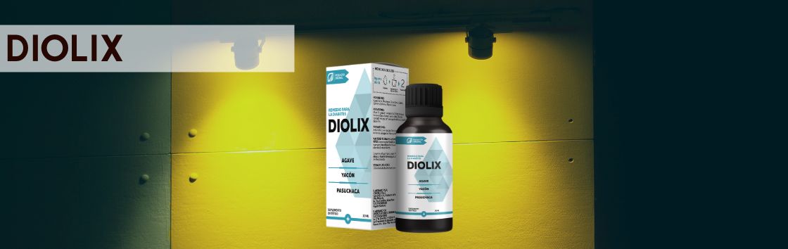 Diolix: Un frasco cuentagotas con una etiqueta que indica su eficacia en el tratamiento de la diabetes, con una imagen de un estilo de vida saludable en la etiqueta.