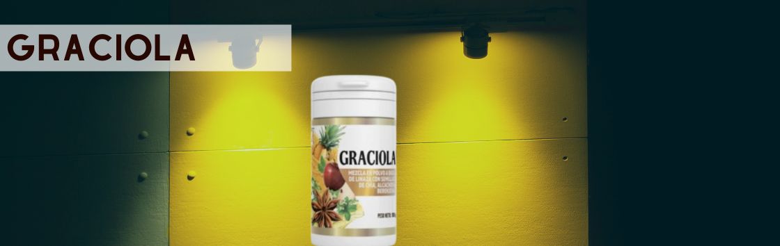 Graciola: Un envase de pastillas adelgazantes con una etiqueta que indica ingredientes naturales y resultados de pérdida de peso.