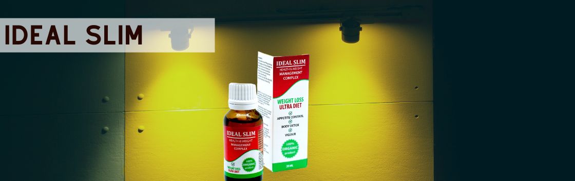 Ideal Slim: Un envase de pastillas adelgazantes con una etiqueta que muestra una cintura más delgada y una mujer que se siente segura y bella.