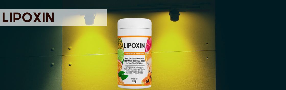 Lipoxin: Un frasco de pastillas adelgazantes con una etiqueta que indica una pérdida de peso rápida y eficaz, con un cuerpo más esbelto y tonificado de fondo.