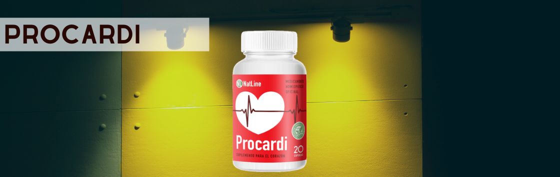 Procardi: Un paquete de pastillas con una etiqueta que indica su eficacia para tratar problemas cardíacos, con el símbolo de un corazón en la etiqueta.