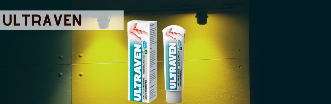 Ultraven: Etiqueta de una pomada que indica su eficacia en el tratamiento de las varices, con una imagen de unas piernas con las venas visiblemente reducidas.