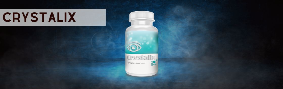 Crystalix: Un envase de comprimidos oftálmicos con una etiqueta que indica su eficacia para mejorar la salud ocular, con la imagen de un ojo en la etiqueta.