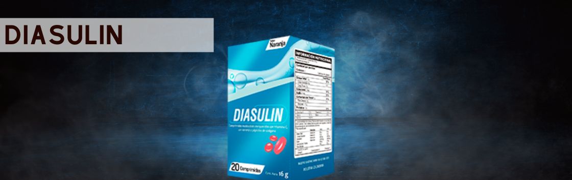 Diasulina: Envase de comprimidos con una etiqueta que indica su eficacia en el tratamiento de la diabetes, con la imagen de una dieta sana en la etiqueta.