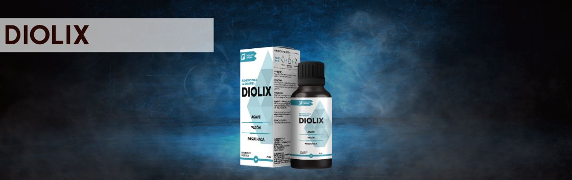 Diolix: Un frasco cuentagotas con una etiqueta que indica su eficacia en el tratamiento de la diabetes, con una imagen de un estilo de vida saludable en la etiqueta.