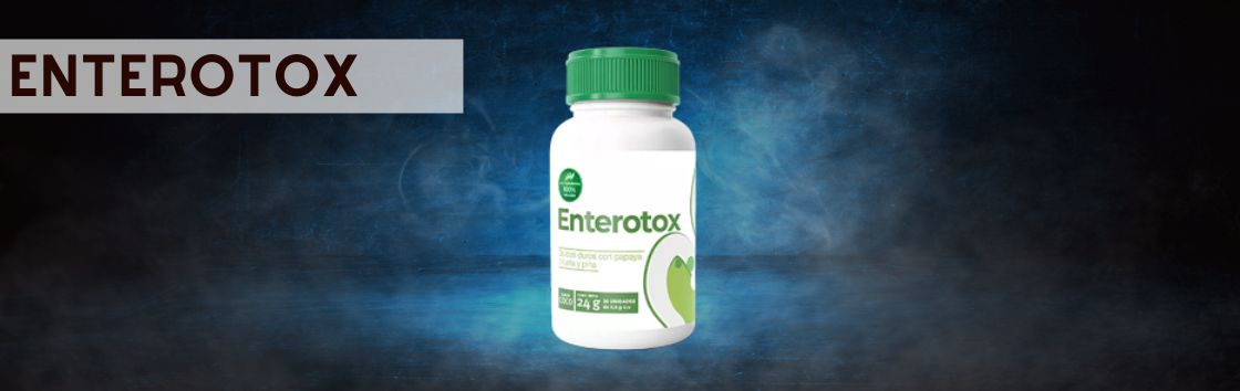 Enterotox: Envase de comprimidos antiparasitarios con una etiqueta que indica su eficacia en el tratamiento de las infecciones parasitarias, con la imagen de un parásito en la etiqueta.