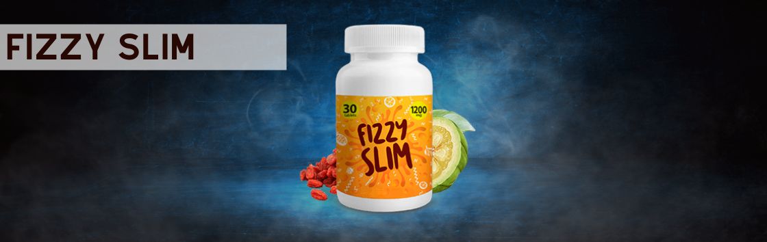 Fizzy Slim: Un paquete de pastillas efervescentes con una etiqueta que muestra un cuerpo más delgado y una mujer feliz y enérgica.