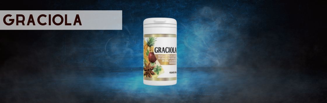 Graciola: Un envase de pastillas adelgazantes con una etiqueta que indica ingredientes naturales y resultados de pérdida de peso.