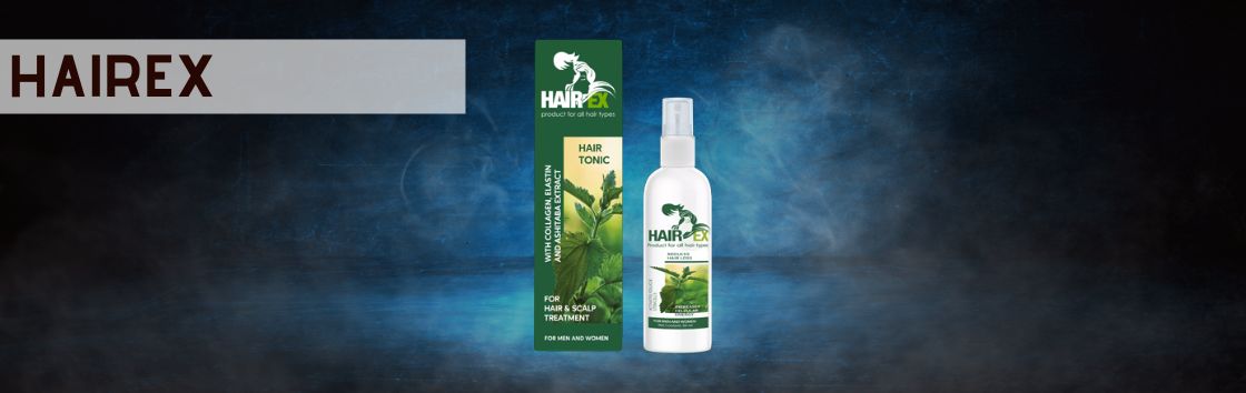 Hairex: Un spray con una etiqueta que indica su eficacia para favorecer el crecimiento del cabello, con la imagen de un cuero cabelludo y un cabello sanos.