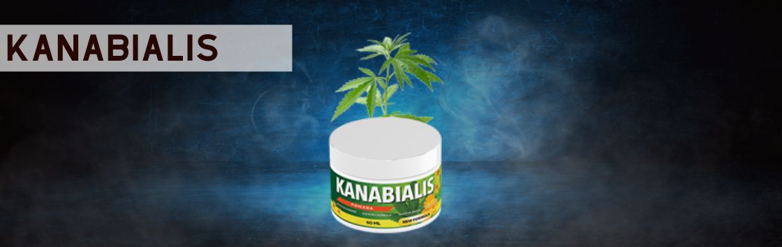 Kanabialis: Una etiqueta para una pomada articular con ingredientes naturales y una imagen de una articulación con inflamación y dolor reducidos.