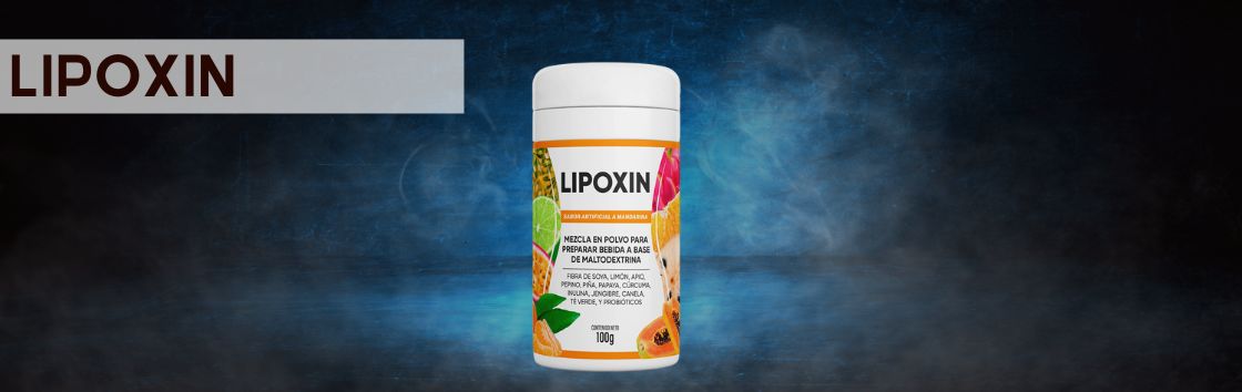 Lipoxin: Un frasco de pastillas adelgazantes con una etiqueta que indica una pérdida de peso rápida y eficaz, con un cuerpo más esbelto y tonificado de fondo.