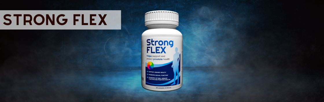 Strong Flex: Un envase de pastillas para la próstata con una etiqueta que indica su eficacia para promover una próstata sana, con una imagen de la glándula prostática.