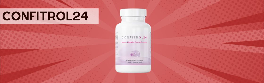 Confitrol24: Un frasco de pastillas con una etiqueta que indica su eficacia para tratar la incontinencia, con una mujer feliz y segura de sí misma de fondo.