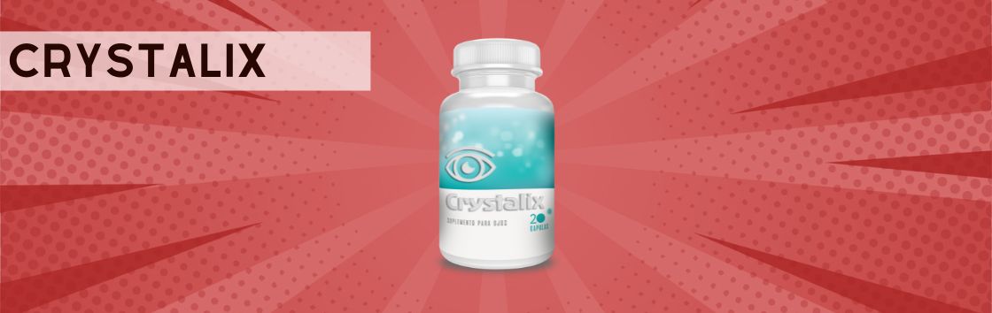 Crystalix: Un envase de comprimidos oftálmicos con una etiqueta que indica su eficacia para mejorar la salud ocular, con la imagen de un ojo en la etiqueta.