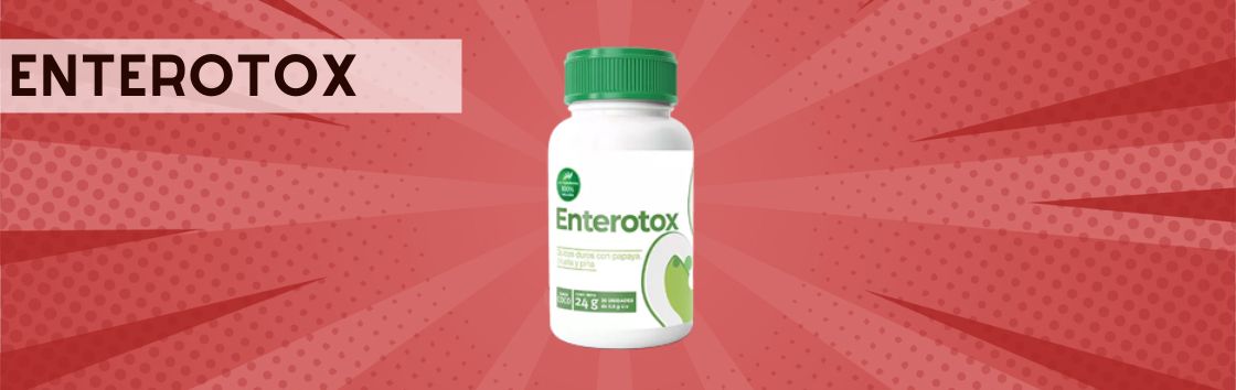 Enterotox: Envase de comprimidos antiparasitarios con una etiqueta que indica su eficacia en el tratamiento de las infecciones parasitarias, con la imagen de un parásito en la etiqueta.