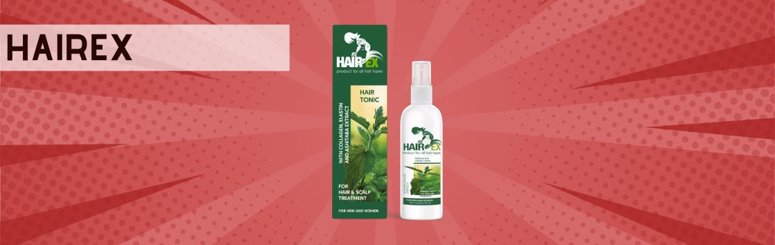Hairex: Un spray con una etiqueta que indica su eficacia para favorecer el crecimiento del cabello, con la imagen de un cuero cabelludo y un cabello sanos.