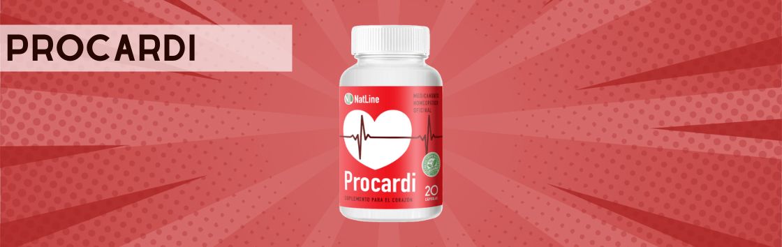 Procardi: Un paquete de pastillas con una etiqueta que indica su eficacia para tratar problemas cardíacos, con el símbolo de un corazón en la etiqueta.