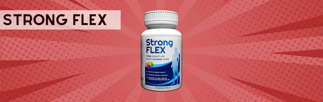 Strong Flex: Un envase de pastillas para la próstata con una etiqueta que indica su eficacia para promover una próstata sana, con una imagen de la glándula prostática.