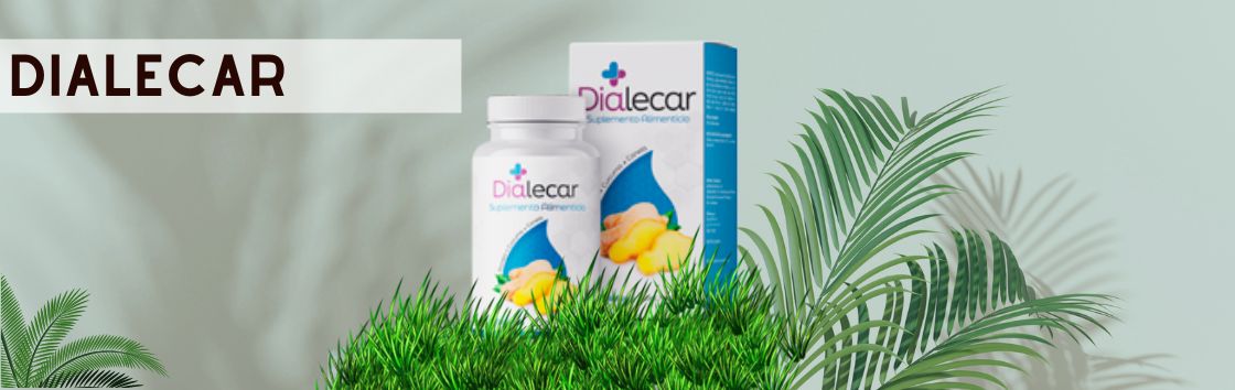 Dialecar: Un envase de comprimidos con una etiqueta que indica su eficacia en el tratamiento de la diabetes, con la imagen de un medidor de glucosa en sangre.