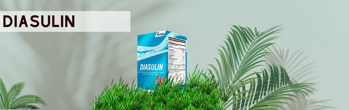 Diasulina: Envase de comprimidos con una etiqueta que indica su eficacia en el tratamiento de la diabetes, con la imagen de una dieta sana en la etiqueta.