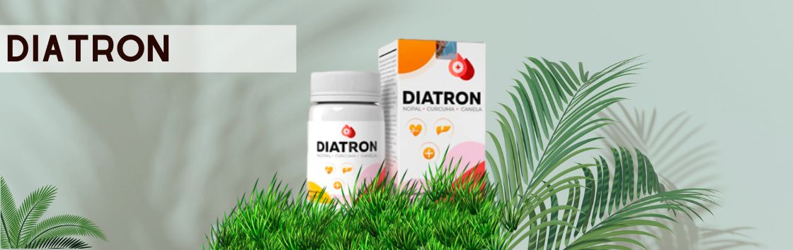 Diatron: Un envase de comprimidos con una etiqueta que indica su eficacia en el tratamiento de la diabetes, con la imagen de un páncreas en la etiqueta.