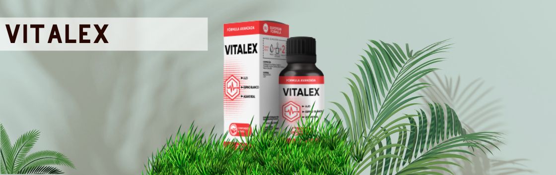 Vitalex: Un frasco cuentagotas con una etiqueta que indica su eficacia para mejorar la hipertensión, con la imagen de un corazón sano en la etiqueta.